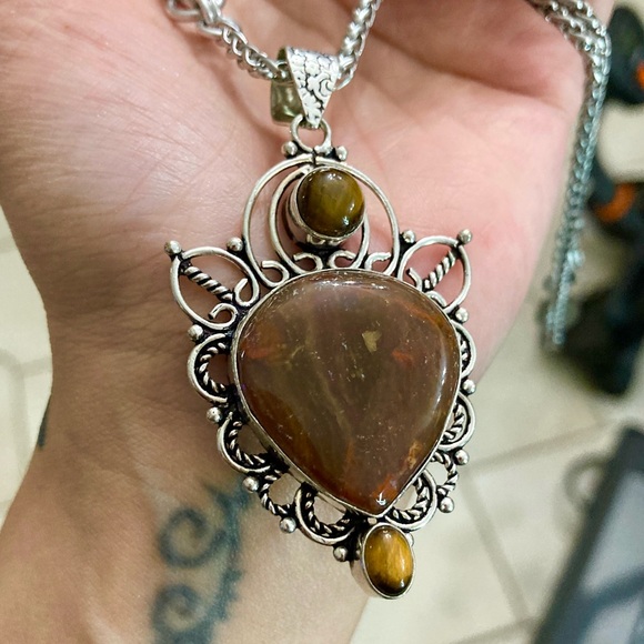 925 sterling silver overlay charm red jasper & golden brown tiger eye necklace - Picture 12 of 16